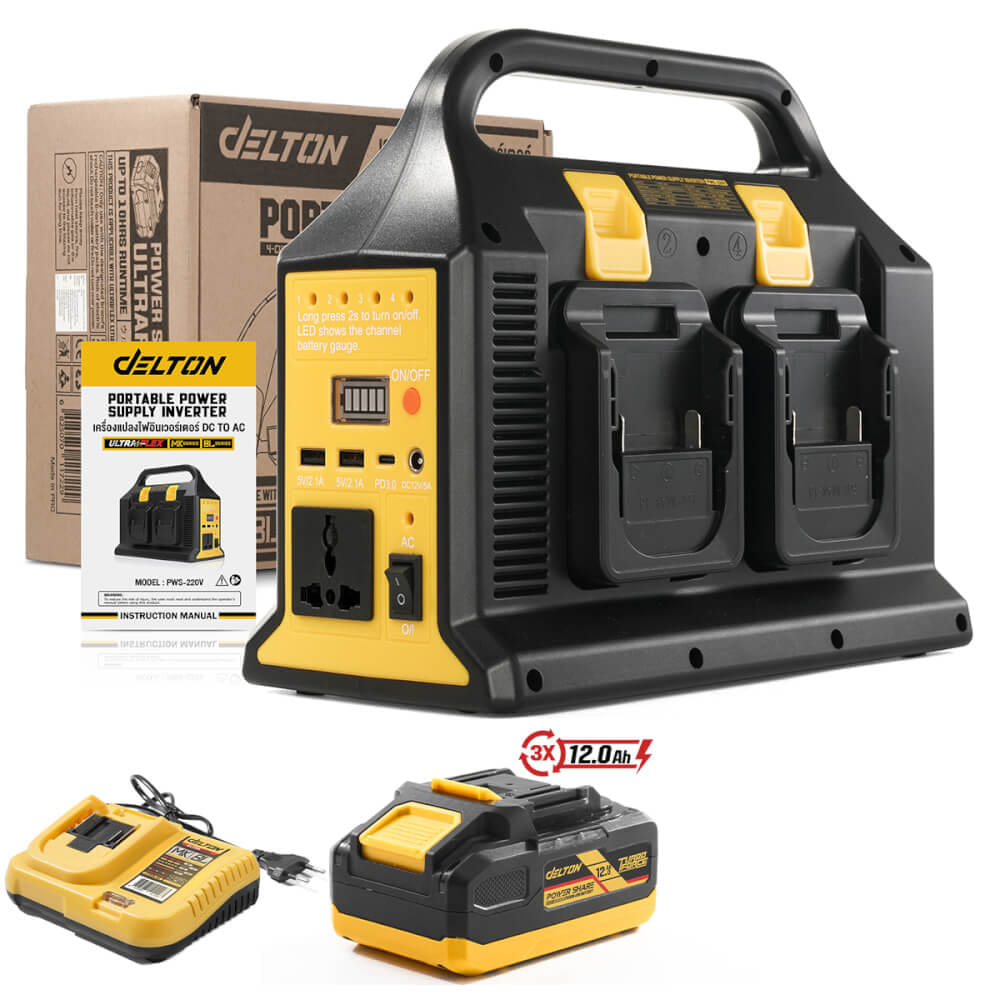 หัวแปลงปลั๊กไฟ (พร้อมแบตเตอรี่) DELTON รุ่น PWS-220V TURBO FORCE 20V 12AH_1